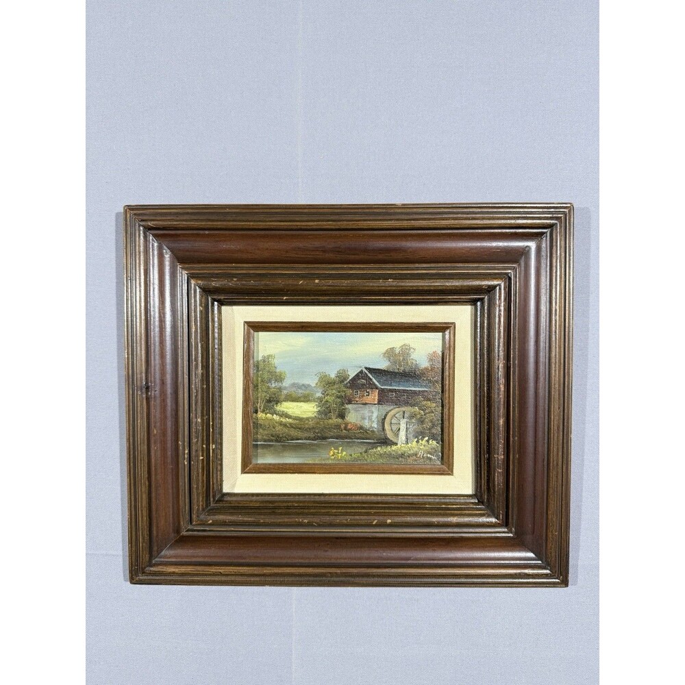 Vintage Water Wheel and Mill Framed Oil Painting 5x7 Hecho En Mexico